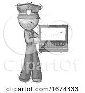 Sketch Police Man Holding Laptop Computer Presenting Something On Screen
