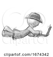 Poster, Art Print Of Sketch Detective Man Using Laptop Computer While Lying On Floor Side View
