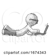 Sketch Doctor Scientist Man Using Laptop Computer While Lying On Floor Side View