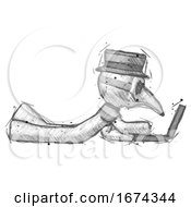 Poster, Art Print Of Sketch Plague Doctor Man Using Laptop Computer While Lying On Floor Side View