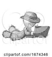 Poster, Art Print Of Sketch Detective Man Using Laptop Computer While Lying On Floor Side Angled View