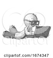 Poster, Art Print Of Sketch Doctor Scientist Man Using Laptop Computer While Lying On Floor Side Angled View