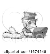 Sketch Plague Doctor Man Using Laptop Computer While Lying On Floor Side Angled View