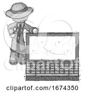 Poster, Art Print Of Sketch Detective Man Beside Large Laptop Computer Leaning Against It