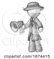 Poster, Art Print Of Sketch Detective Man Holding Megaphone Bullhorn Facing Right