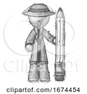 Sketch Detective Man With Large Pencil Standing Ready To Write