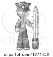 Poster, Art Print Of Sketch Police Man With Large Pencil Standing Ready To Write