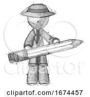 Poster, Art Print Of Sketch Detective Man Writer Or Blogger Holding Large Pencil
