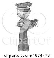 Poster, Art Print Of Sketch Police Man Reading Book While Standing Up Facing Away