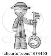 Poster, Art Print Of Sketch Detective Man Holding Key Made Of Gold