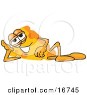 Poster, Art Print Of Wedge Of Orange Swiss Cheese Mascot Cartoon Character Resting His Head On His Hand While Lying On His Side