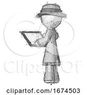 Poster, Art Print Of Sketch Detective Man Looking At Tablet Device Computer With Back To Viewer