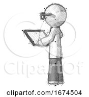 Sketch Doctor Scientist Man Looking At Tablet Device Computer With Back To Viewer