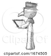 Sketch Plague Doctor Man Looking At Tablet Device Computer With Back To Viewer