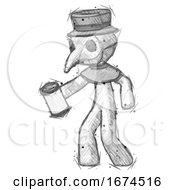Poster, Art Print Of Sketch Plague Doctor Man Begger Holding Can Begging Or Asking For Charity Facing Left