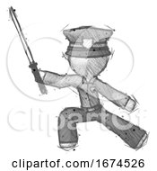 Poster, Art Print Of Sketch Police Man With Ninja Sword Katana In Defense Pose