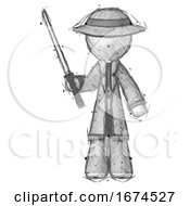 Poster, Art Print Of Sketch Detective Man Standing Up With Ninja Sword Katana