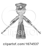 Poster, Art Print Of Sketch Police Man Posing With Two Ninja Sword Katanas
