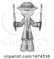 Sketch Detective Man Posing With Two Ninja Sword Katanas Up