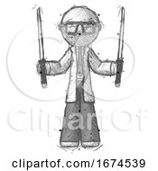 Sketch Doctor Scientist Man Posing With Two Ninja Sword Katanas Up