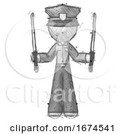 Sketch Police Man Posing With Two Ninja Sword Katanas Up