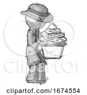 Poster, Art Print Of Sketch Detective Man Holding Large Cupcake Ready To Eat Or Serve