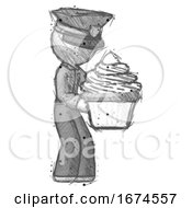Poster, Art Print Of Sketch Police Man Holding Large Cupcake Ready To Eat Or Serve