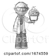Sketch Doctor Scientist Man Presenting Pink Cupcake To Viewer