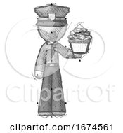 Sketch Police Man Presenting Pink Cupcake To Viewer
