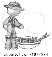 Poster, Art Print Of Sketch Detective Man And Noodle Bowl Giant Soup Restaraunt Concept