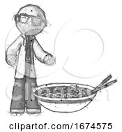 Sketch Doctor Scientist Man And Noodle Bowl Giant Soup Restaraunt Concept