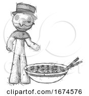 Sketch Plague Doctor Man And Noodle Bowl Giant Soup Restaraunt Concept