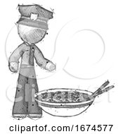 Poster, Art Print Of Sketch Police Man And Noodle Bowl Giant Soup Restaraunt Concept