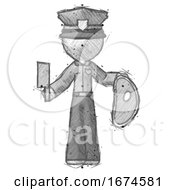 Poster, Art Print Of Sketch Police Man Holding Large Steak With Butcher Knife