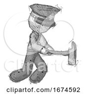 Poster, Art Print Of Sketch Police Man With Ax Hitting Striking Or Chopping