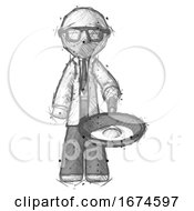 Sketch Doctor Scientist Man Frying Egg In Pan Or Wok