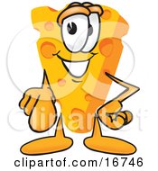 Clipart Picture Of A Wedge Of Orange Swiss Cheese Mascot Cartoon Character Pointing Outwards At The Viewer