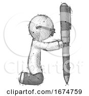 Poster, Art Print Of Sketch Doctor Scientist Man Posing With Giant Pen In Powerful Yet Awkward Manner