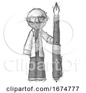 Poster, Art Print Of Sketch Doctor Scientist Man Holding Giant Calligraphy Pen