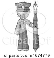 Poster, Art Print Of Sketch Police Man Holding Giant Calligraphy Pen