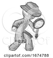 Sketch Detective Man Inspecting With Large Magnifying Glass Right