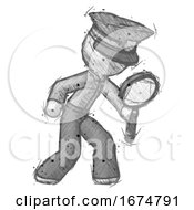 Poster, Art Print Of Sketch Police Man Inspecting With Large Magnifying Glass Right