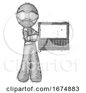Sketch Thief Man Holding Laptop Computer Presenting Something On Screen