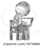 Poster, Art Print Of Sketch Thief Man Using Laptop Computer While Sitting In Chair View From Back