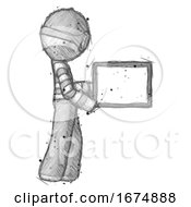 Poster, Art Print Of Sketch Thief Man Show Tablet Device Computer To Viewer Blank Area