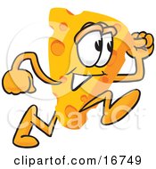 Poster, Art Print Of Wedge Of Orange Swiss Cheese Mascot Cartoon Character Running Fast