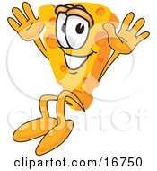 Wedge Of Orange Swiss Cheese Mascot Cartoon Character Jumping