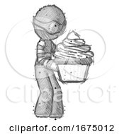 Poster, Art Print Of Sketch Thief Man Holding Large Cupcake Ready To Eat Or Serve