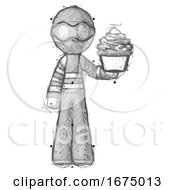 Sketch Thief Man Presenting Pink Cupcake To Viewer