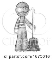 Sketch Thief Man Standing With Broom Cleaning Services